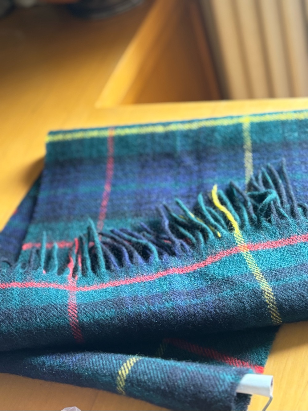 Plaid Fringe Wool Scarf in Teal and Navy